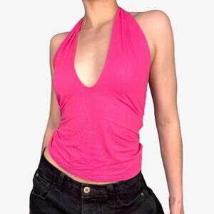 Hot pink halter top deep v vintage Y2K euro style sheer polka